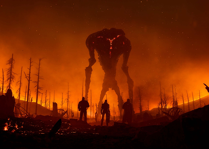 Sci-Fi Confrontation in a Fiery Landscape