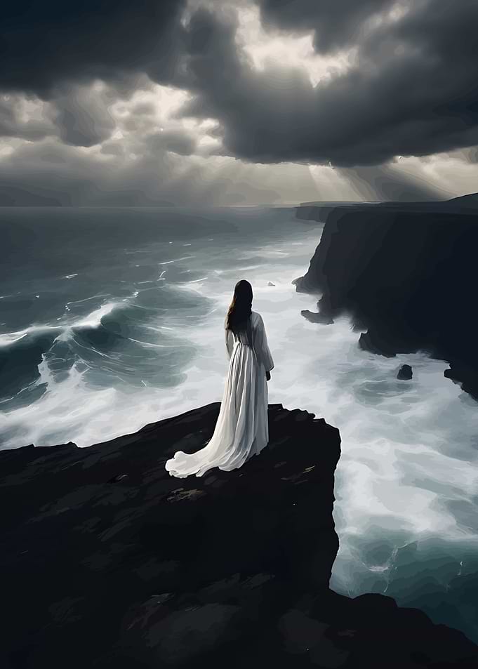 Woman in white dress on cliff