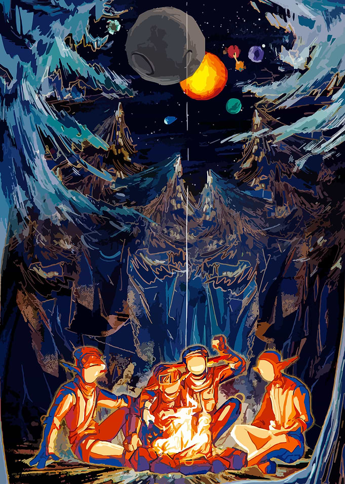 Astronauts Campfire Under Space Landscape