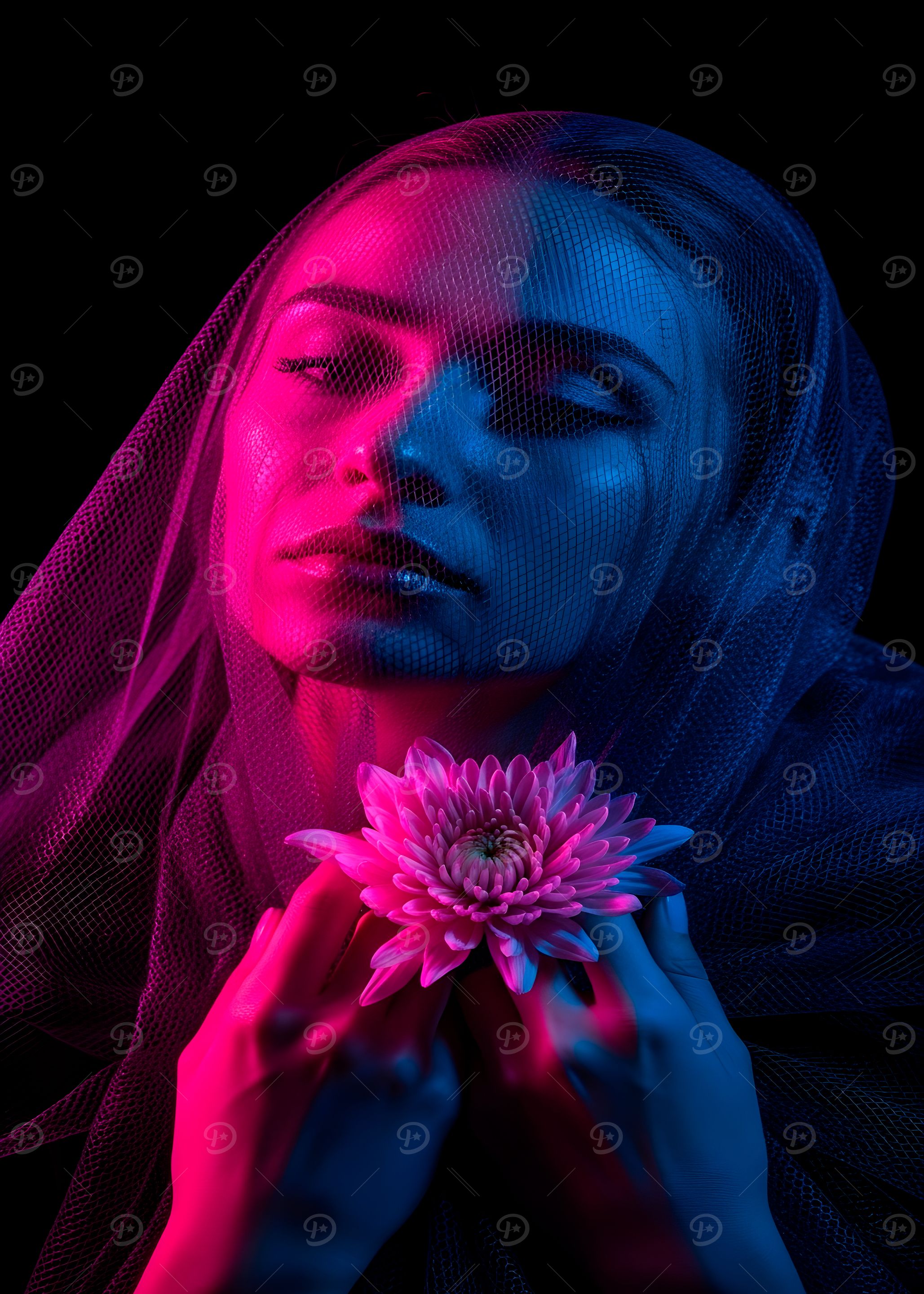 Woman with Flower in Neon Light