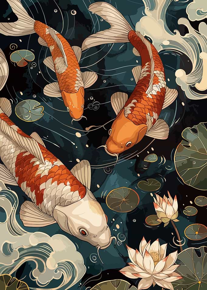 Koi Fish Pond with Lotus Flowers