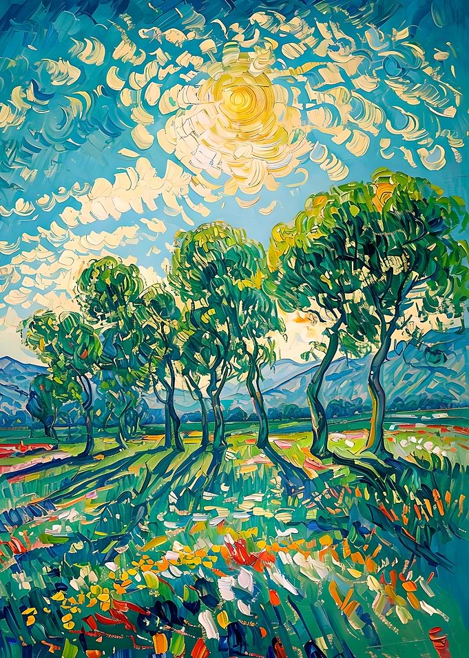 Impressionistic Landscape with Trees and Sun