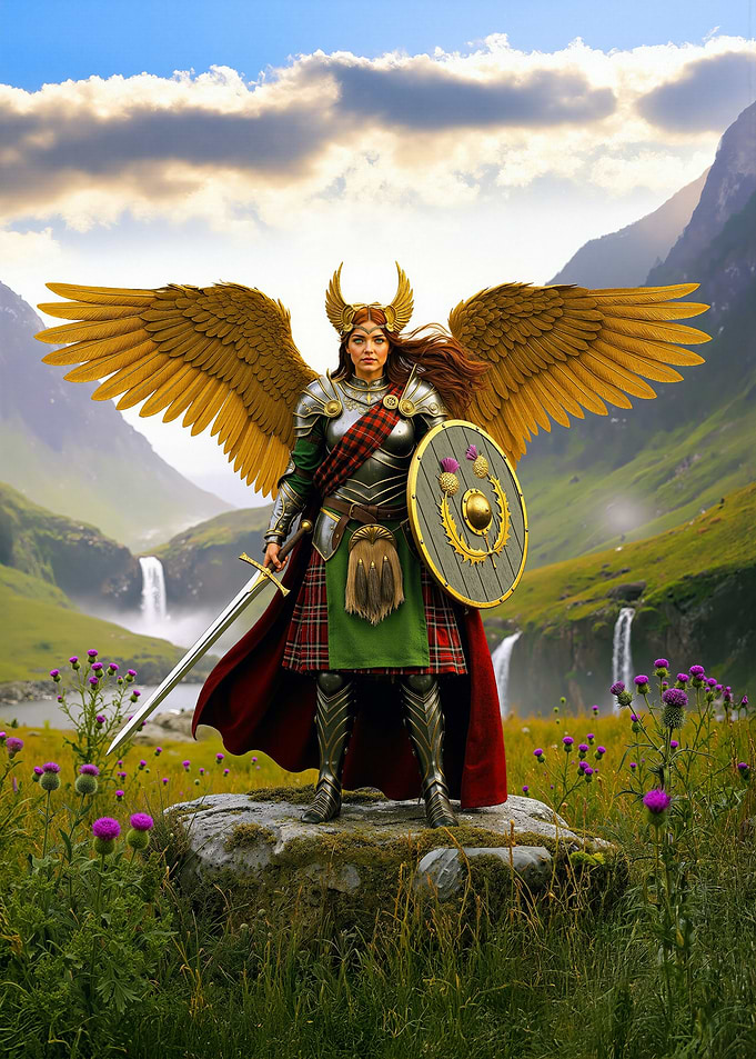 Winged Scottish Valkyrie in Highland Landscape