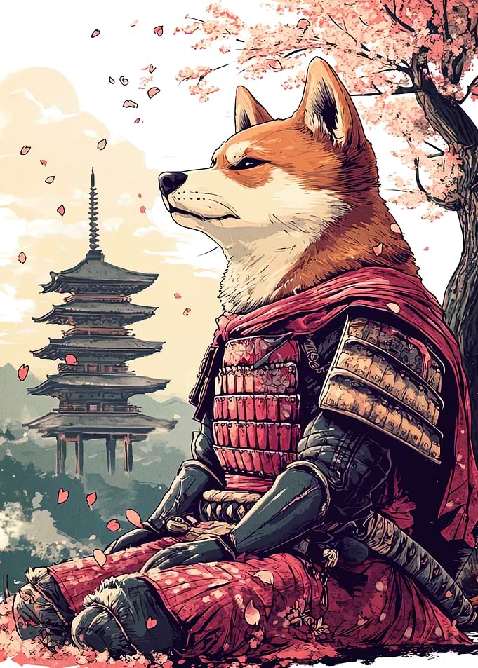 Samurai Shiba Inu with Cherry Blossoms