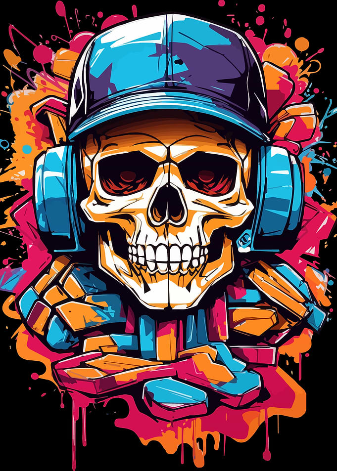 Skull with Headphones and Cap
