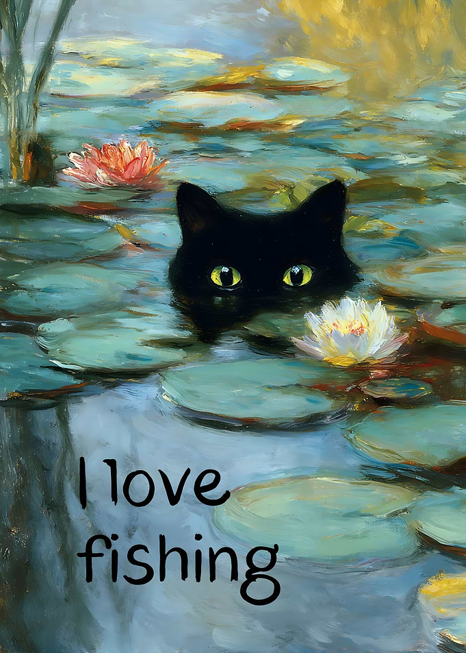 Black Cat In Water Lily Pond