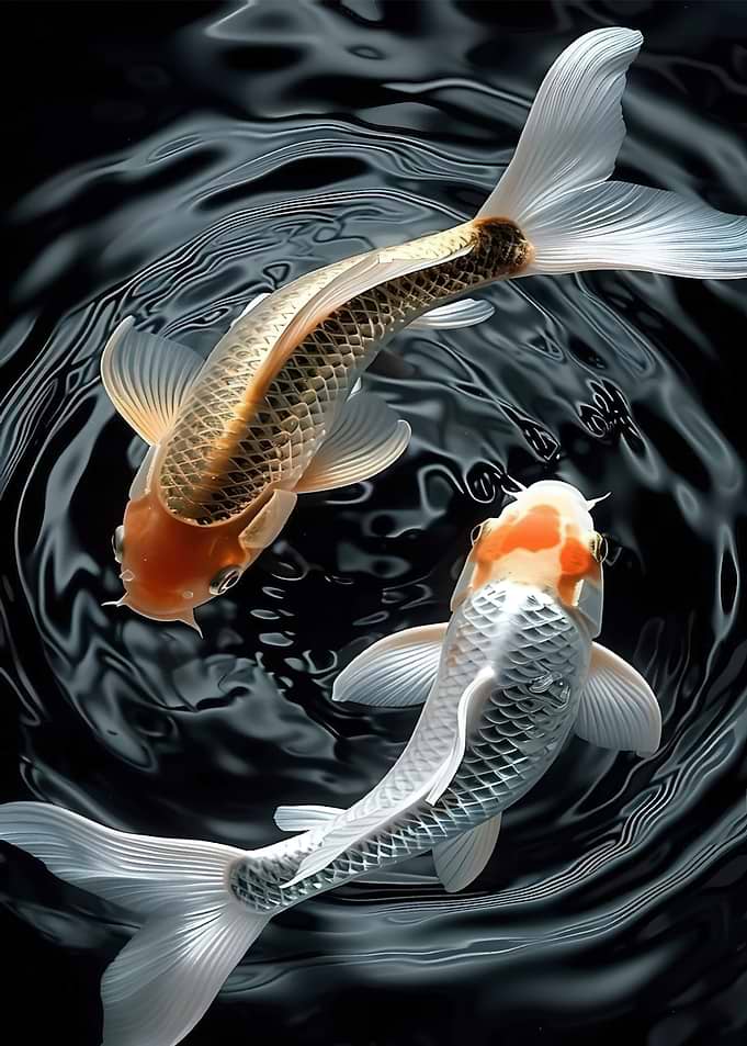 Two Koi Fish in Dark Water