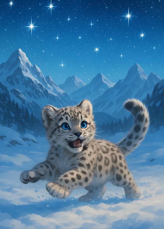 Snow Leopard Cub in Winter Landscape
