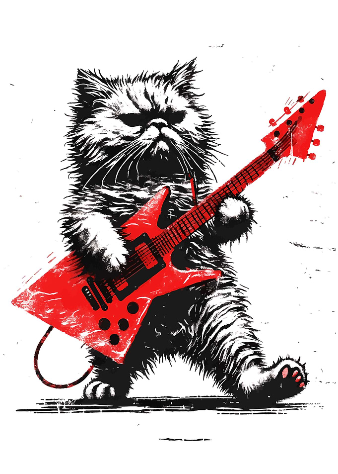 Cat playing red electric guitar