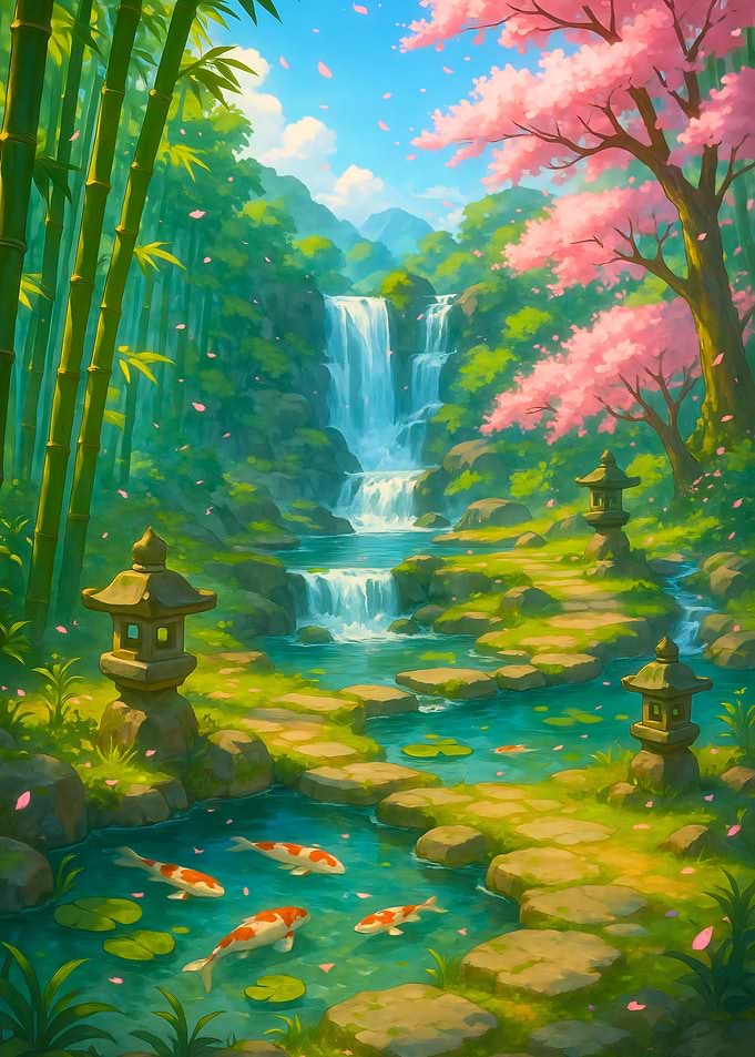 Japanese Garden with Waterfall and Koi