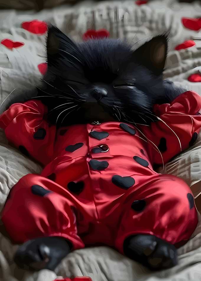 Sleeping Black Kitten in Ladybug Pajamas