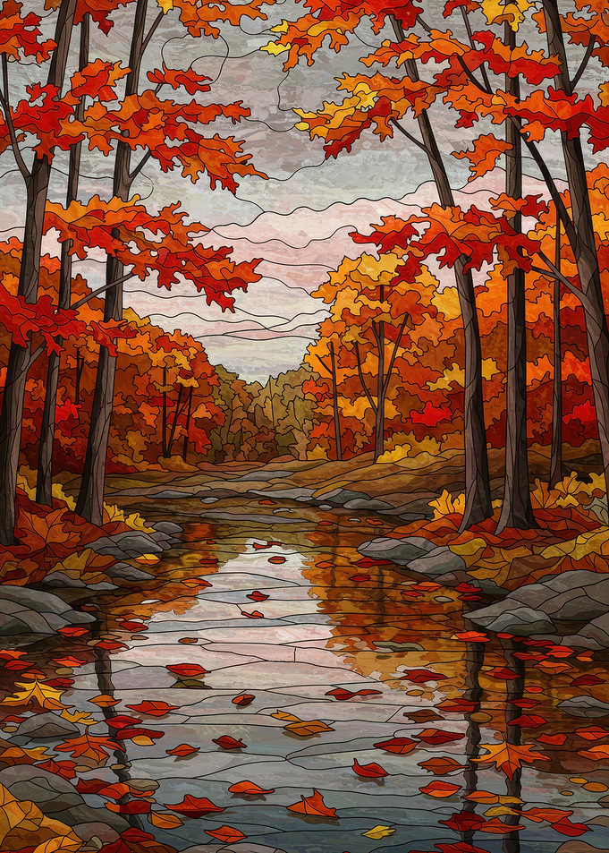 Autumn Forest River Stained Glass Style