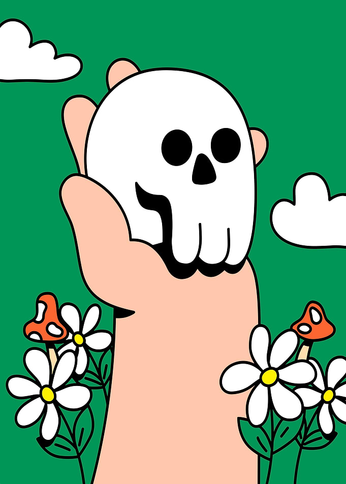 Skull in Hand with Flowers