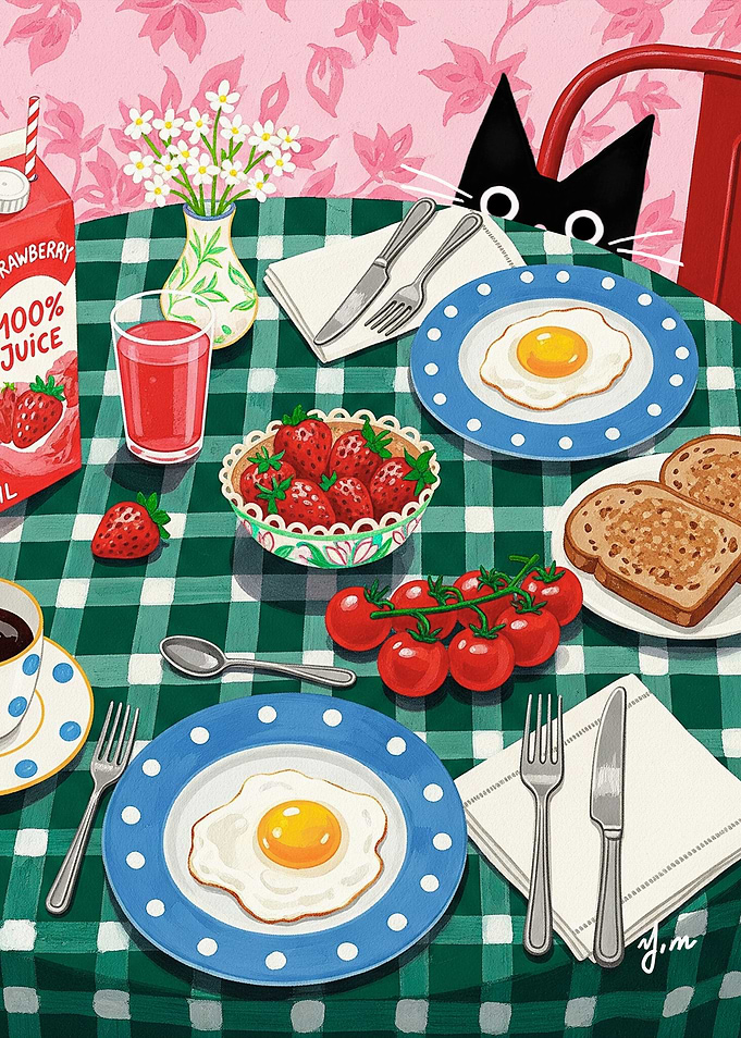 Breakfast with Cat Black Cat Breakfast Art Print with Sunny Side Up Eggs Strawberries Toast Tomato Coffee Cute Kitchen Wall Decor Whimsical Morning Table Scene Cozy Colorful Illustration