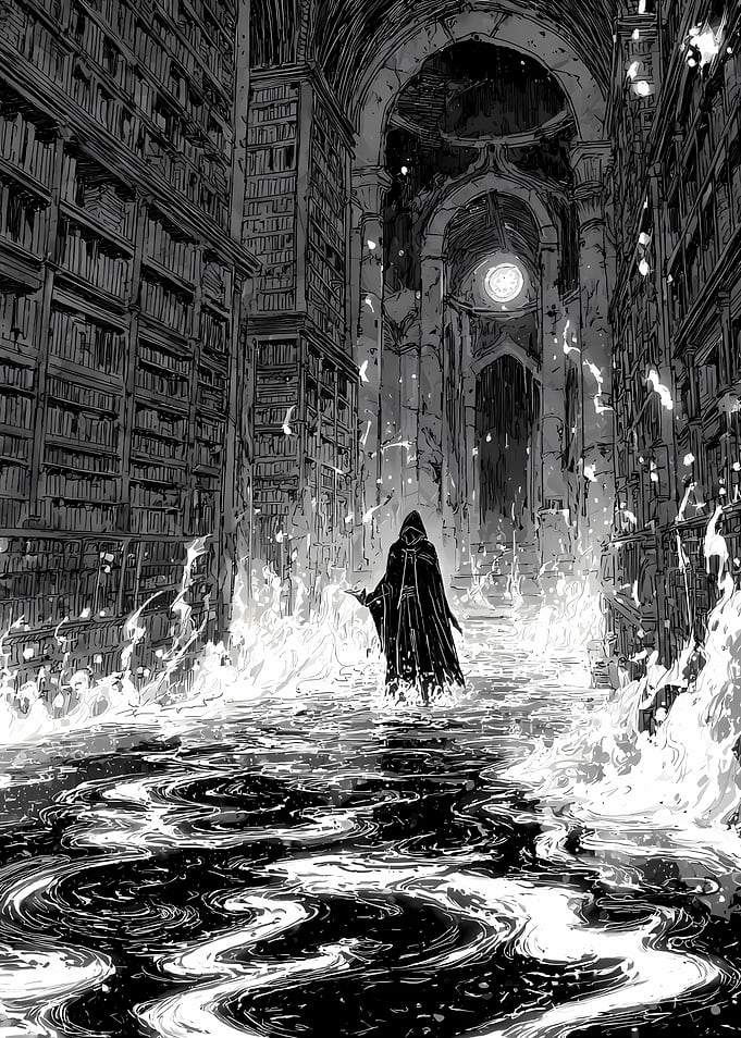 Monochrome Library with Cloaked Figure