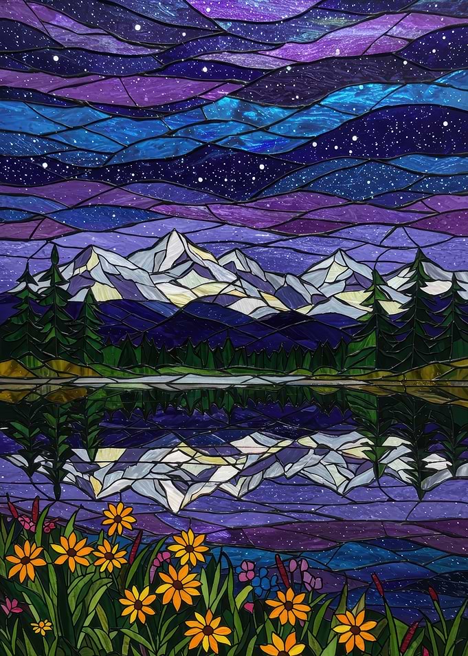 Stained Glass Mountain Lake Landscape