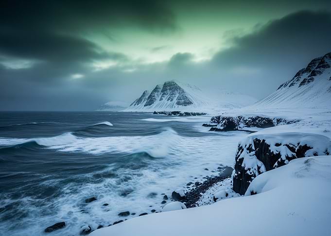 Iceland Winter Coastline Landscape with Snow-Capped Mountains