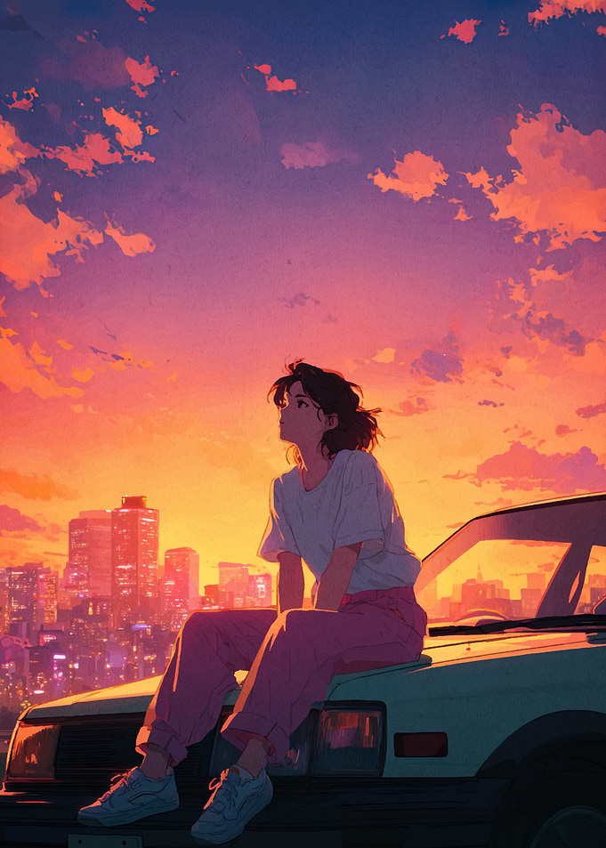Girl on Car Hood at Sunset