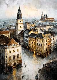 Cityscape Painting with Tower and Buildings