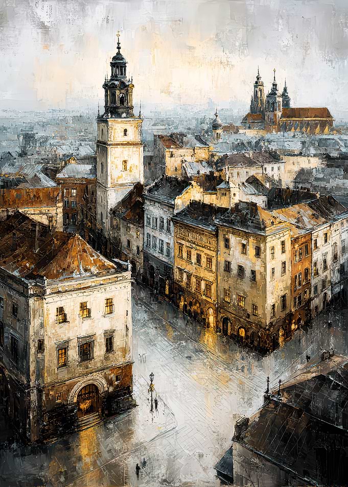 Cityscape Painting with Tower and Buildings