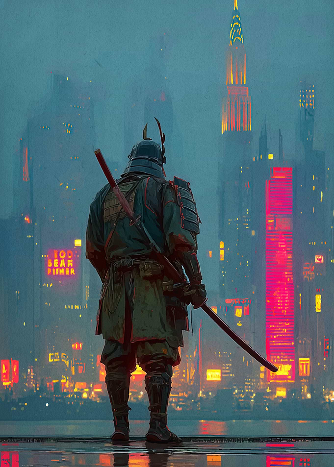 Samurai in Futuristic Cityscape
