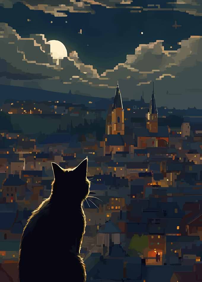 Cat Silhouette Over City at Night