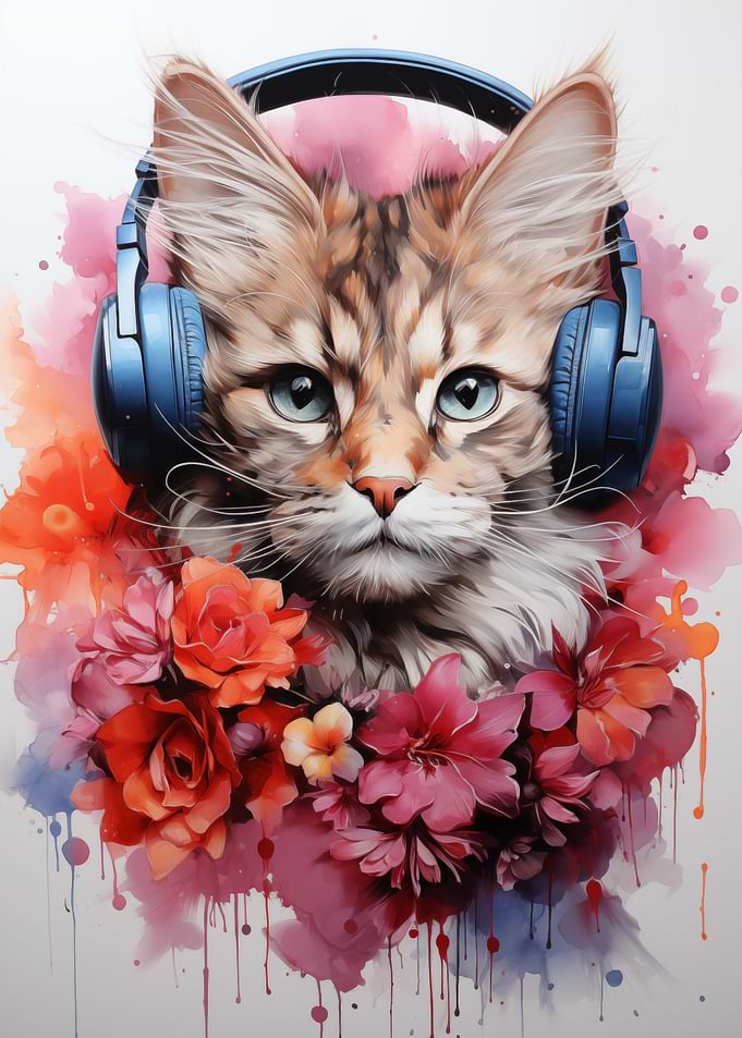 Cat with Headphones Floral