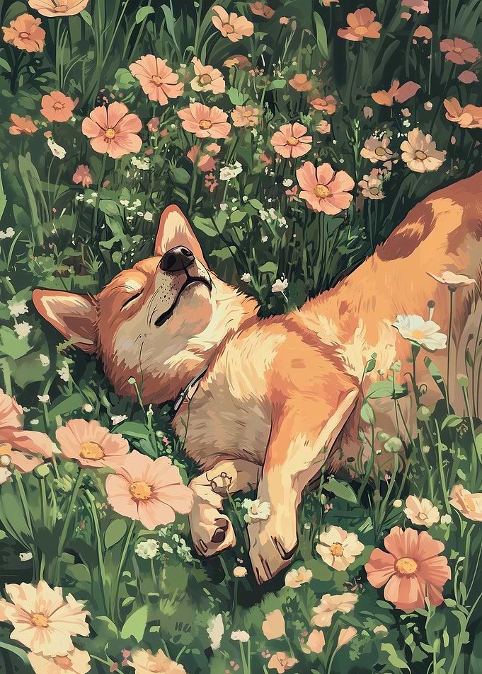 Sweet Shiba Inu Sleeping in Flowers