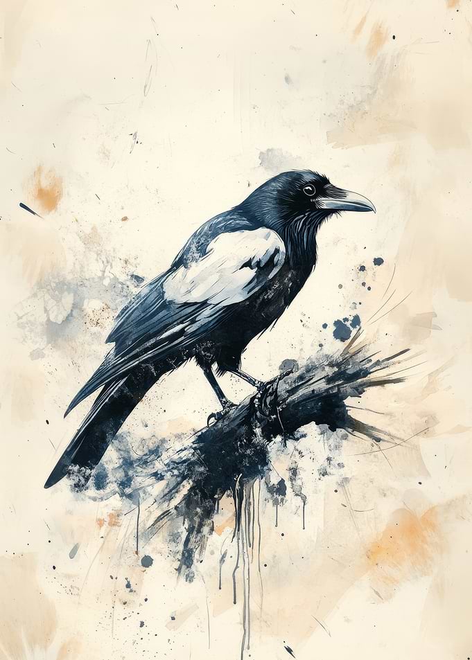 Watercolor Raven on Branch