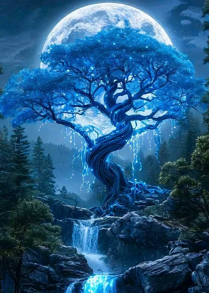Mystical Blue Tree Waterfall Moonlight