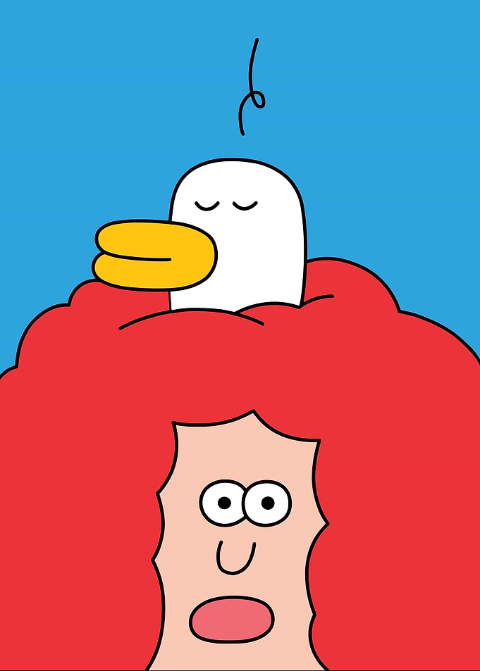 Cartoon Woman with Duck on Head