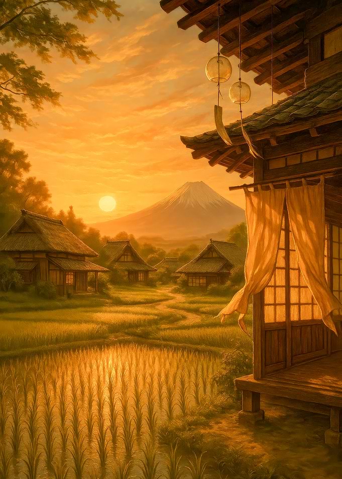 Japanese Village at Sunset with Mount Fuji