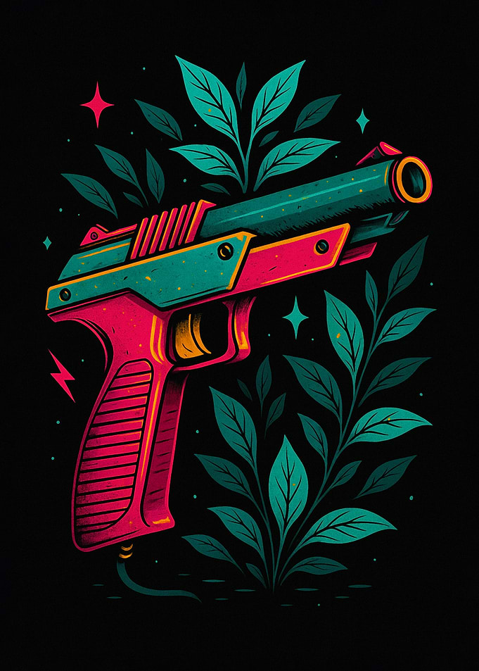 Retro Gun with Botanical Elements