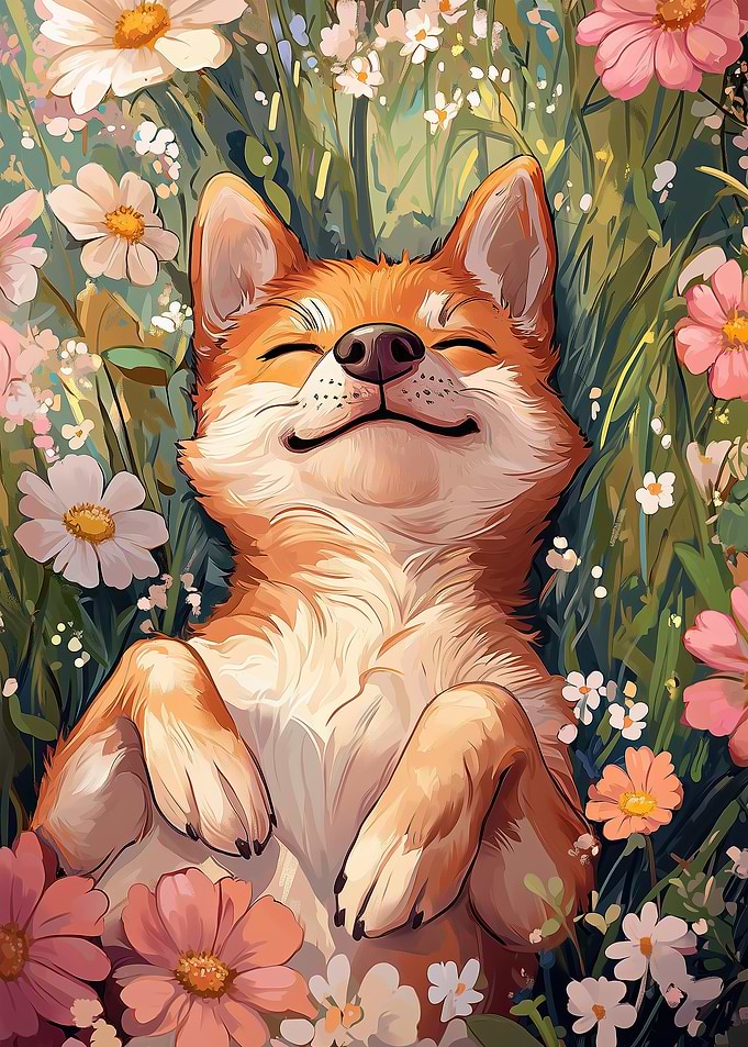 Happy Shiba Inu in Flower Field