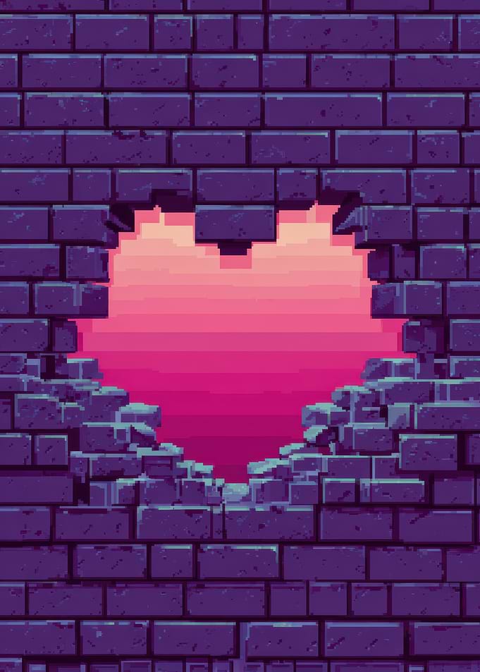 Pixel Art Heart-Shaped Hole in Brick