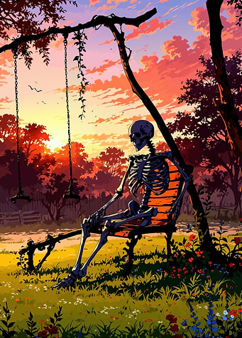 Skeleton on Swing at Sunset
