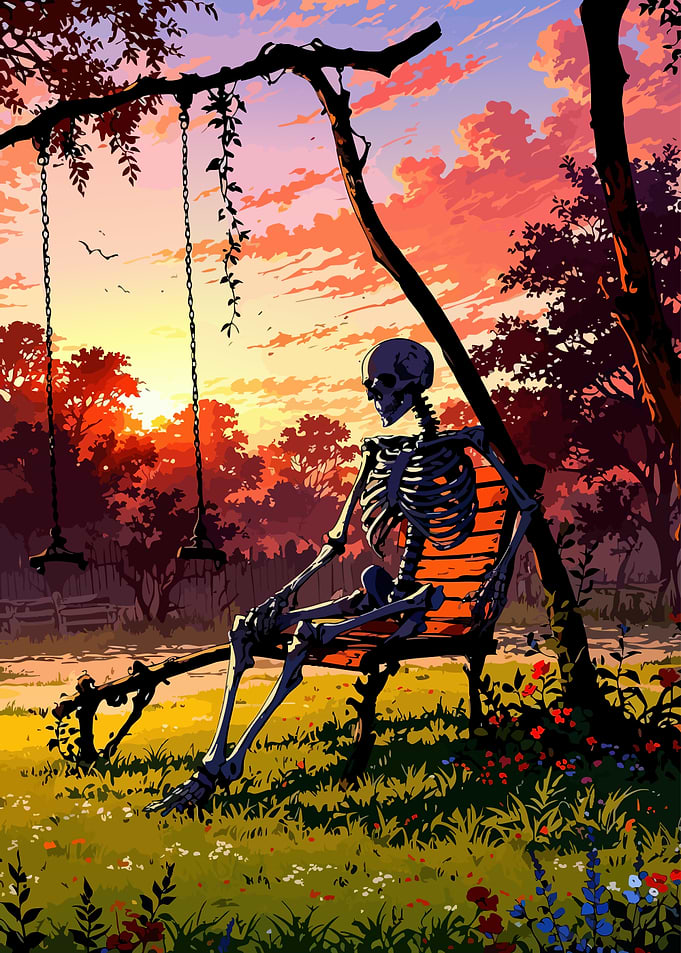 Skeleton on Swing at Sunset