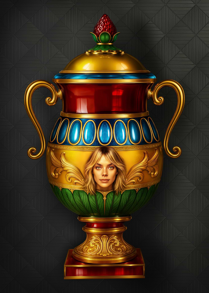 Modern photographic version of l’Asso di Coppe Italian playing card – Club Italiano. Ornate Vase cup with Woman's Face