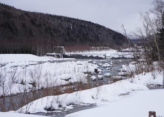 Winter River Landscape with Dam