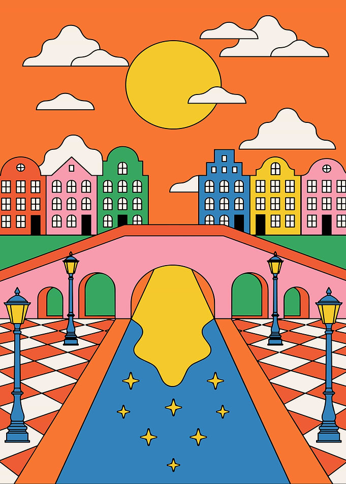 Colorful Cityscape with Bridge and Stars
