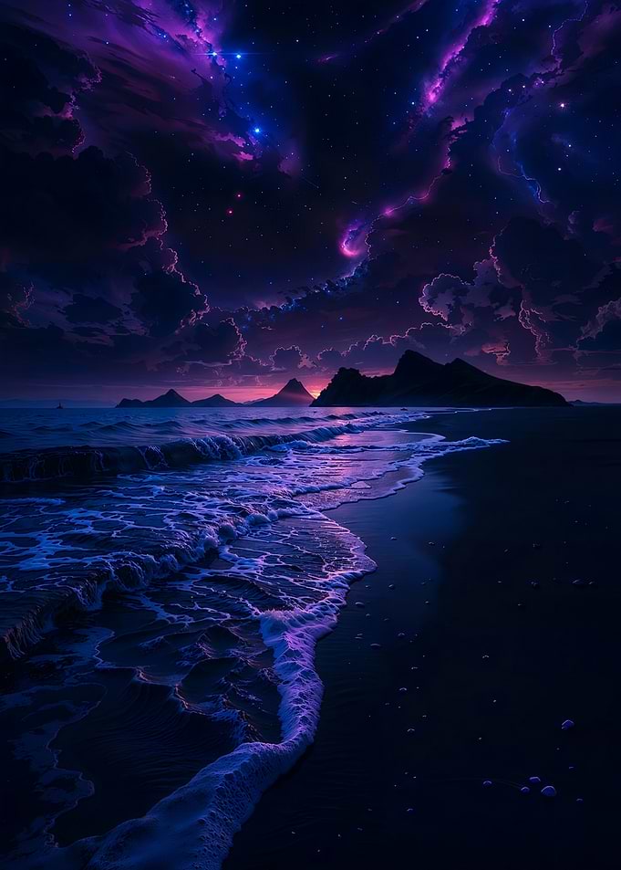 Night beach with cosmic sky