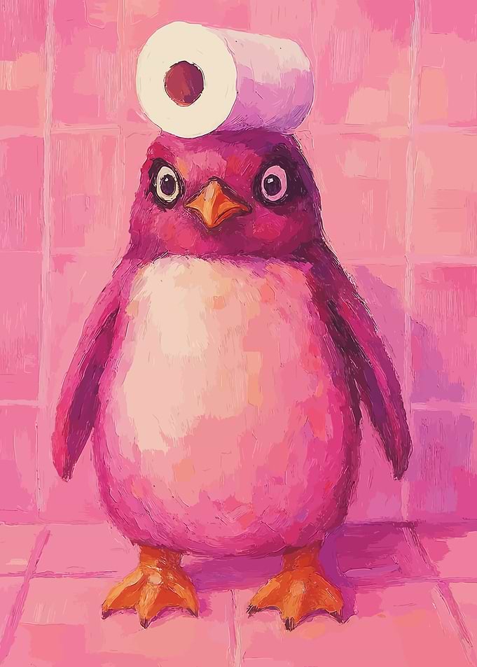 Pink Penguin with Toilet Paper Hat