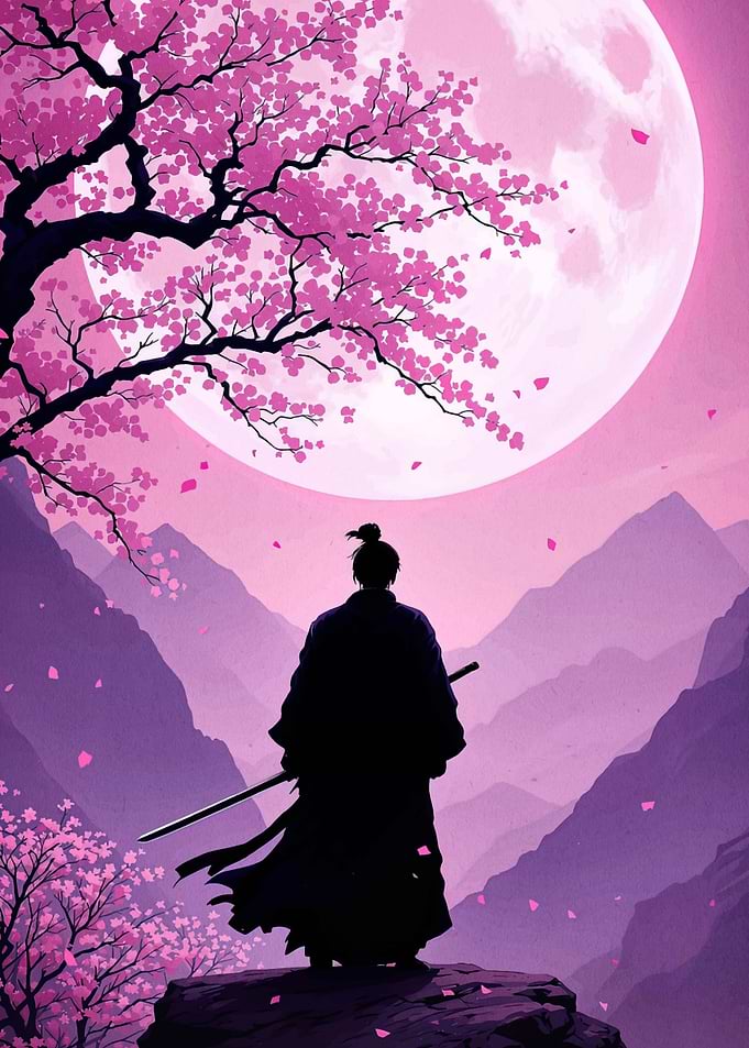 Samurai under Cherry Blossoms and Moon