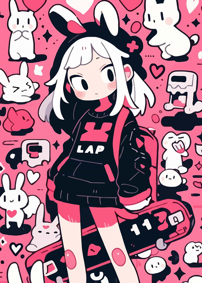 Anime Girl with Bunny Hoodie and Skateboard