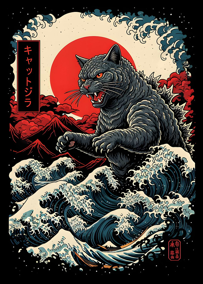 Funny Catzilla Ukiyo-e Style Japanese Art