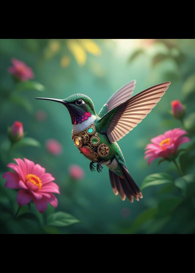 Steampunk Hummingbird in Floral Garden