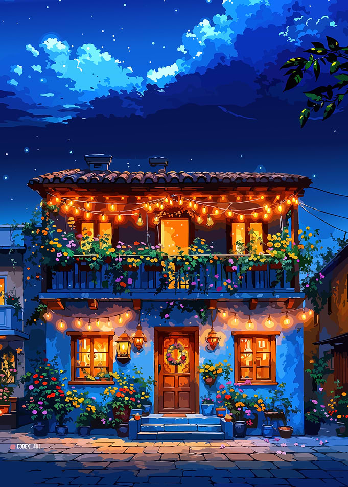 Charming House at Night with Lights