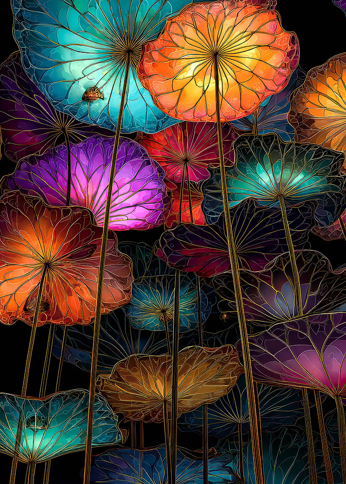 Colorful Lotus Flowers with Golden Outlines