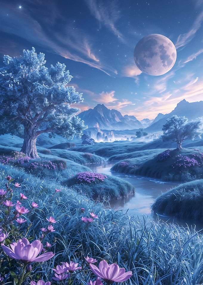 Enchanted River Valley Under a Luminous Moon