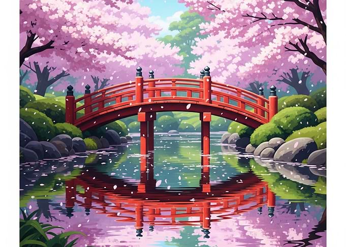 Japanese Garden with Red Bridge